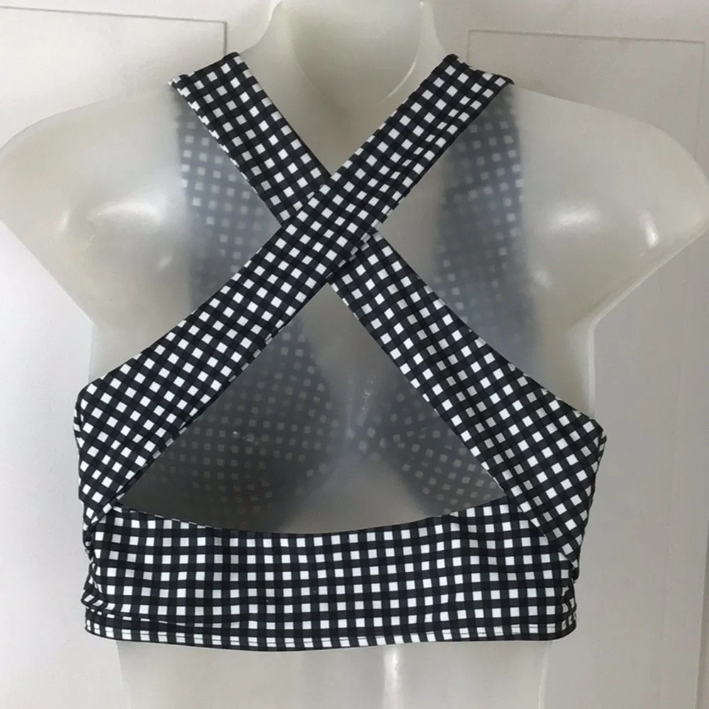 Albion Fit Black Gingham Knot Halter Bikini Top M